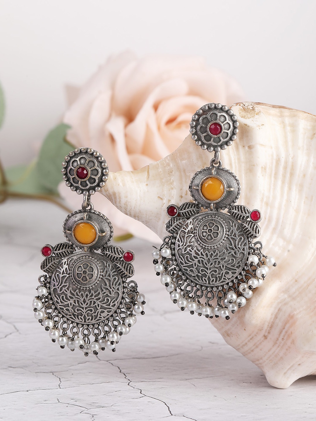 

Sangria Silver-Plated Stone-Studded & Beaded Oxidised Drop Earrings