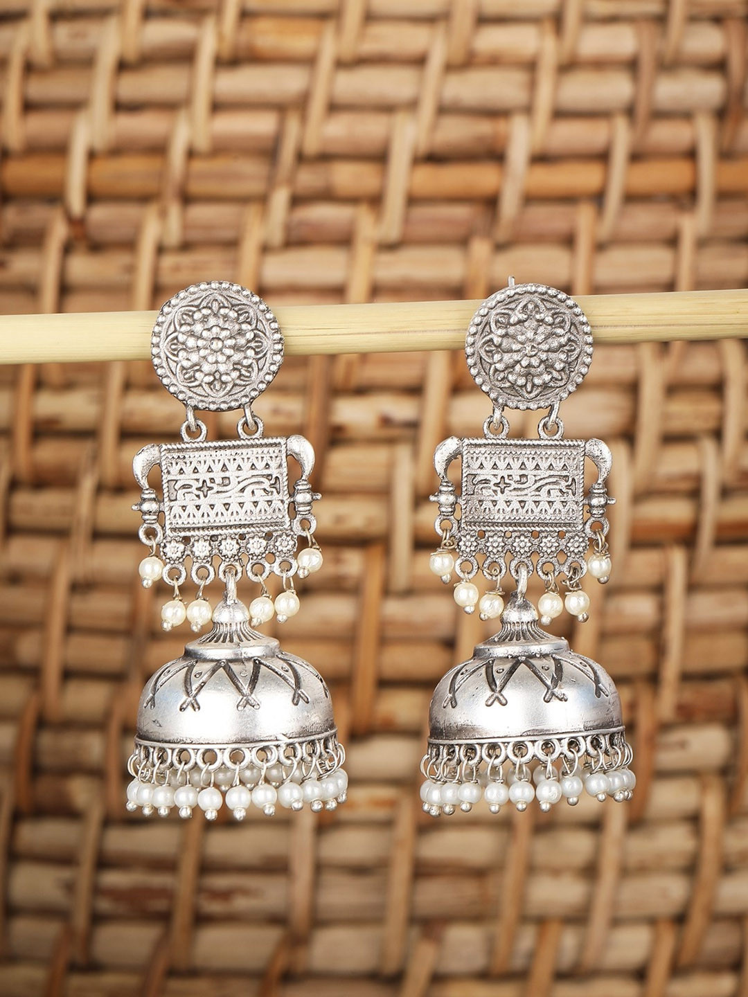 

Sangria Silver-Plated Beaded Dome Shaped Oxidised Jhumkas