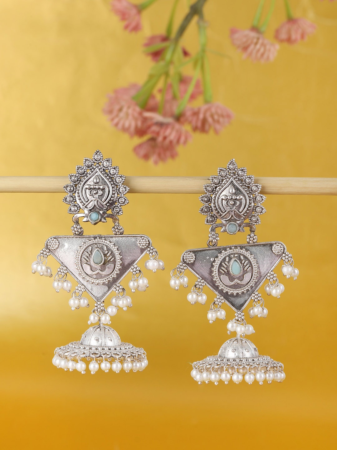 

Sangria Silver-Plated Stone-Studded & Beaded Dome Shaped Oxidised Jhumkas