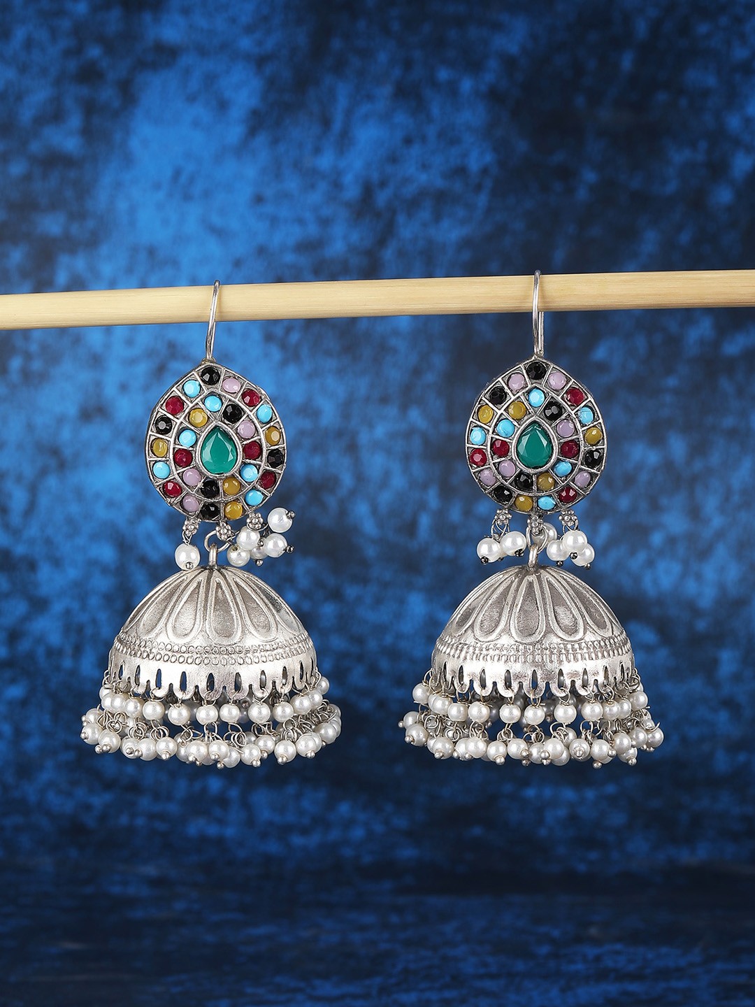 

Sangria Silver-Plated German Silver Stones Studded Oxidised Dome Shaped Jhumkas