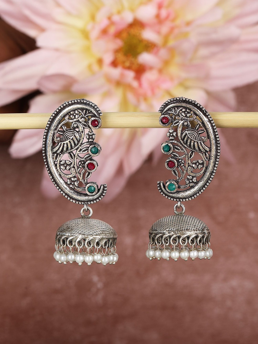 

Sangria Silver-Plated Stone-Studded & Beaded Dome Shaped Oxidised Jhumkas