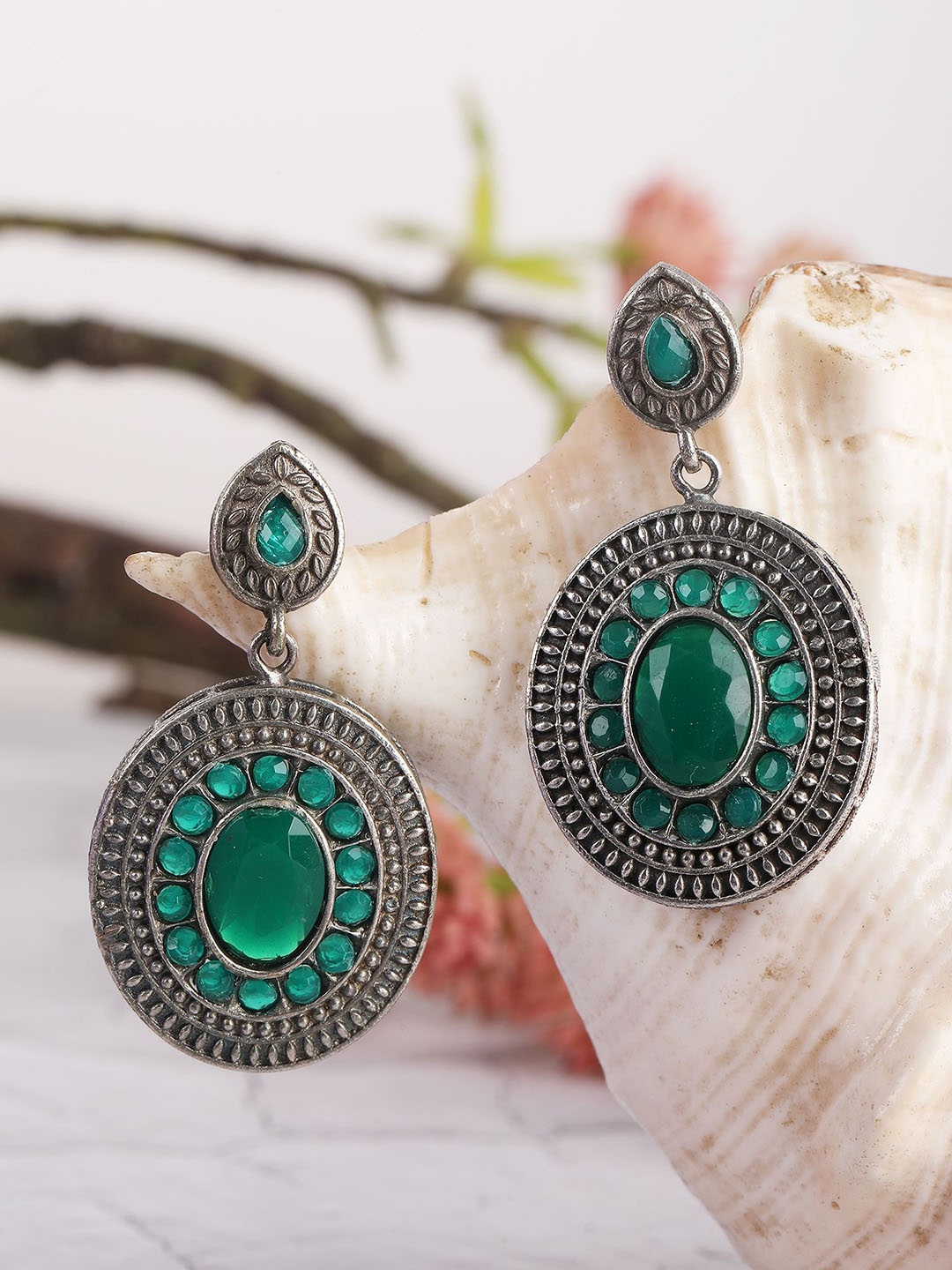 

Sangria Silver-Plated Stone-Studded Oxidised Drop Earrings