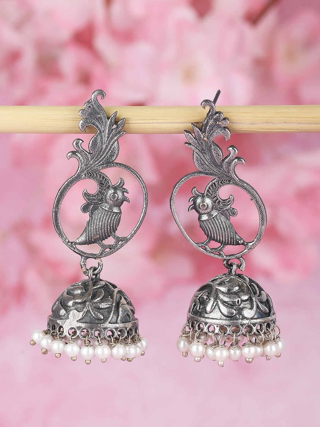 

Sangria Silver-Plated Beaded Dome Shaped Oxidised Jhumkas