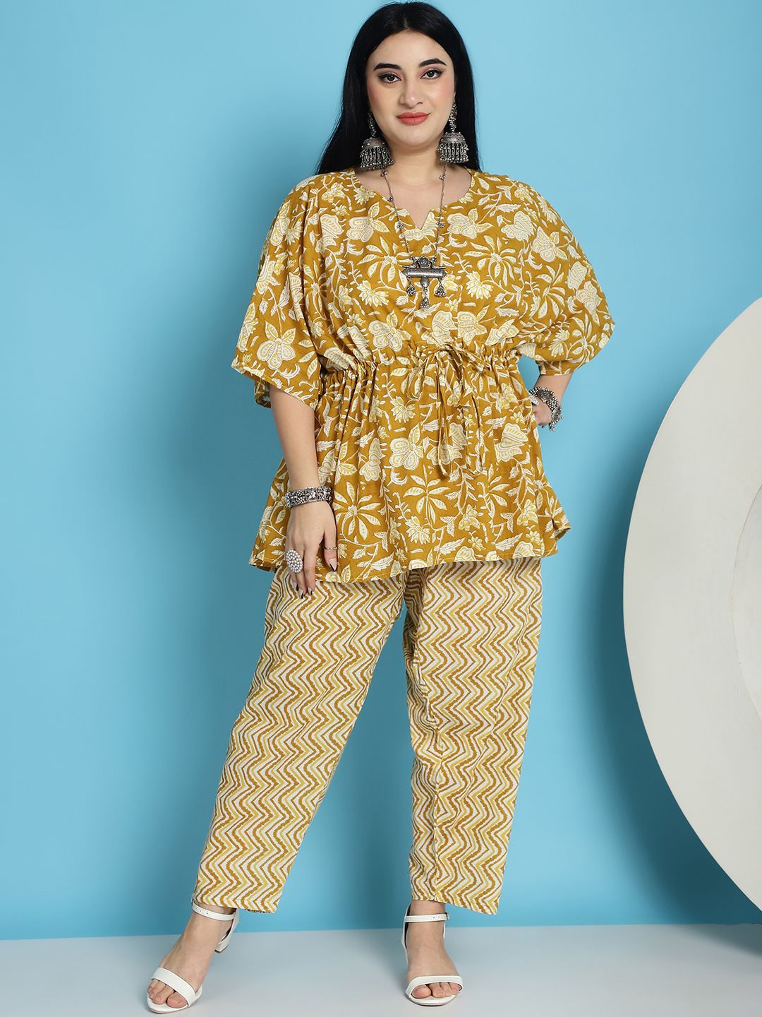 

TAG 7Plus Size Floral Printed Pure Cotton Tunic & Palazzos, Yellow