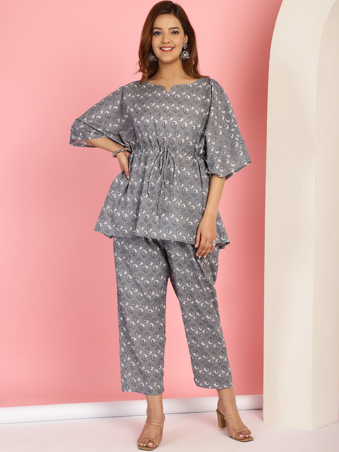 

TAG 7 Floral Printed Gathered Pure Cotton Kaftan Tunic With Trousers, Grey