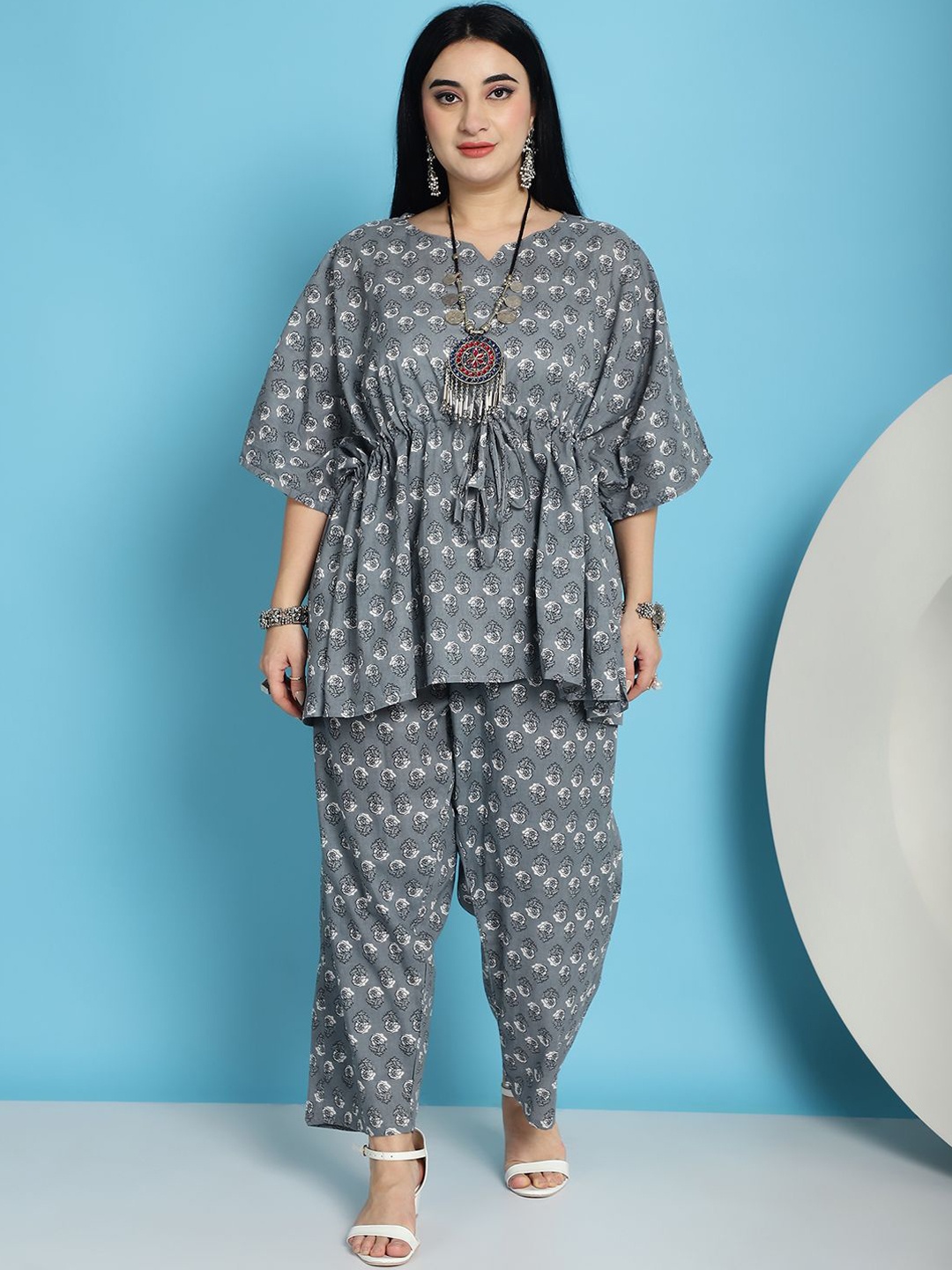 

TAG 7 Plus Size Floral Printed Notch Neck Kaftan Sleeves Pure Cotton Tunic & Trouser, Grey