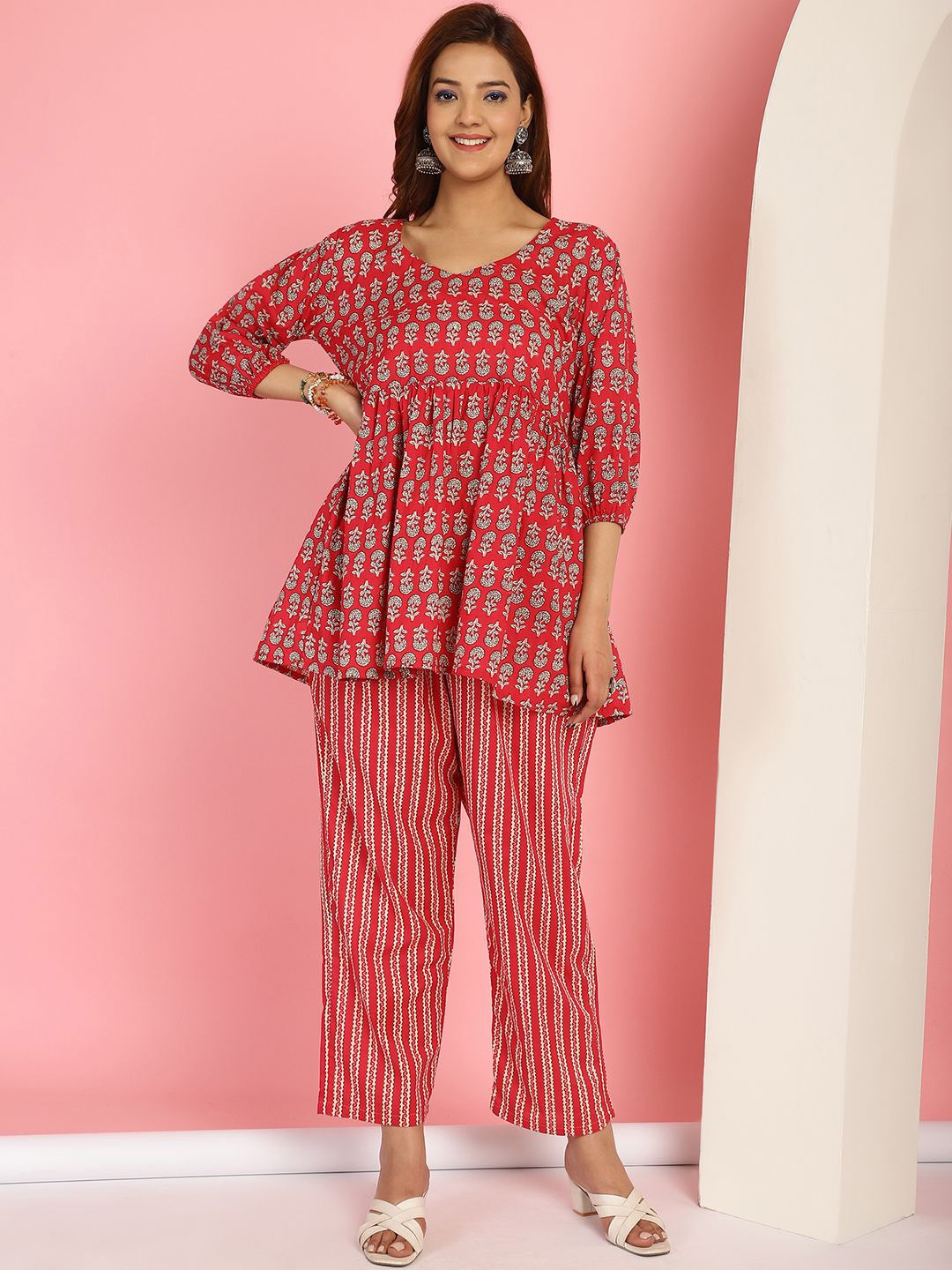 

TAG 7 Ethnic Motifs Printed Notch Neck Pure Cotton Tunic With Trousers, Pink