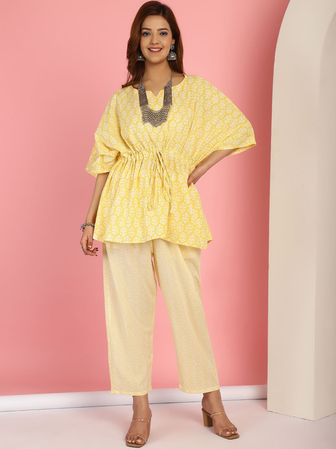 

TAG 7 Floral Printed V-Neck Pure Cotton Tunic With Trousers, Yellow