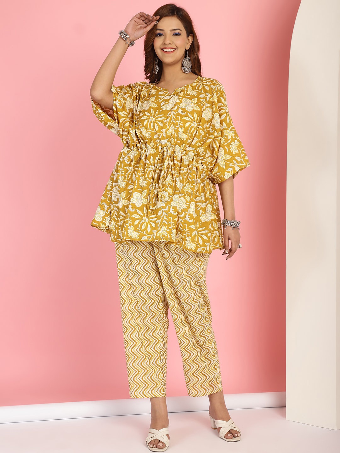 

TAG 7 Floral Printed Notch Neck Kaftan Sleeves Pure Cotton Tunic & Trouser, Yellow