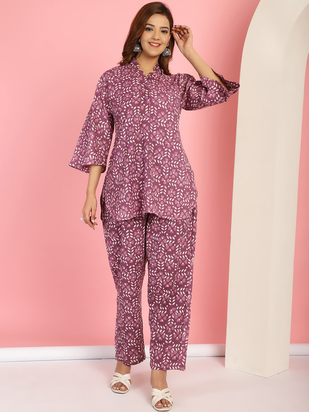 

TAG 7 Floral Printed Mandarin Collar Pure Cotton Tunic With Trousers, Purple
