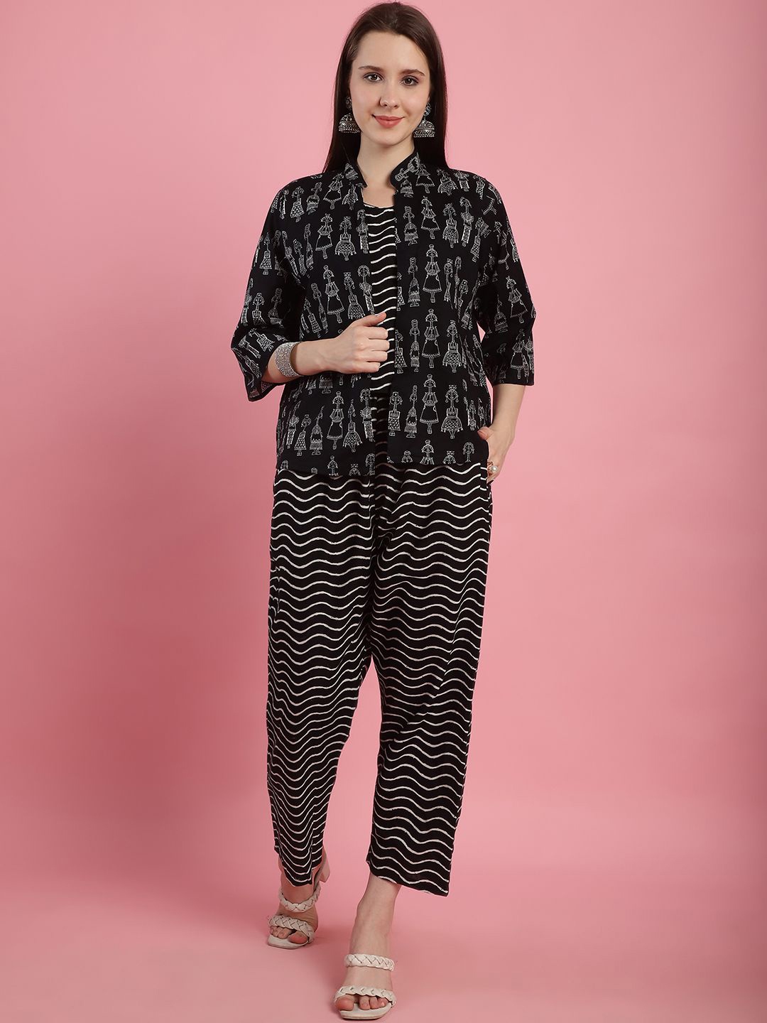 

TAG 7 Ethnic Motifs Printed Mandarin Collar Pure Cotton Top With Trousers & Shrug, Black