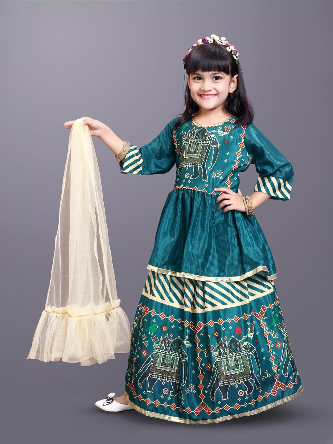 

BAESD Girls Printed Ready to Wear Lehenga & Blouse With Dupatta, Green