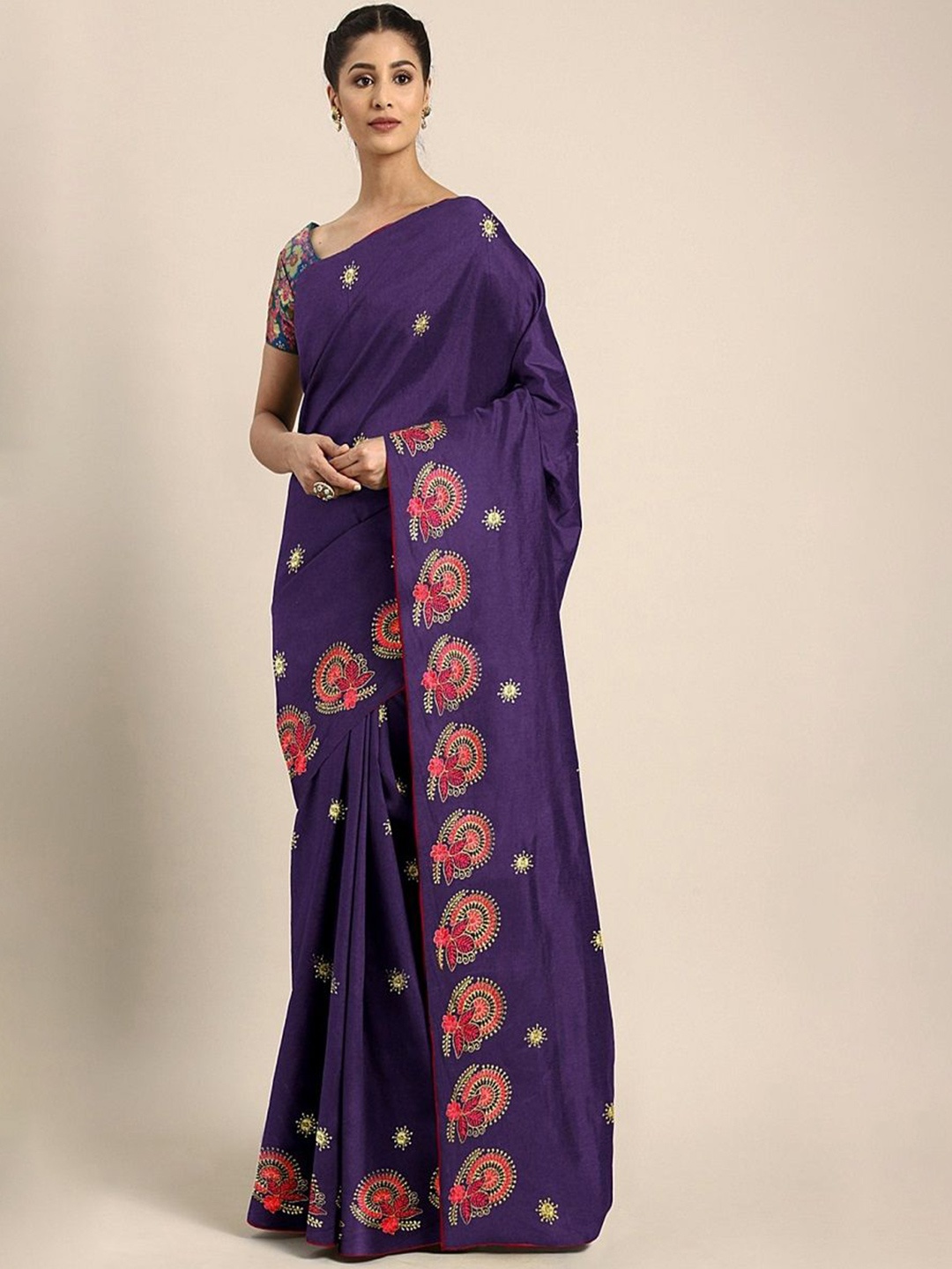 

KALINI Embroidered Floral Saree With Blouse Piece, Purple