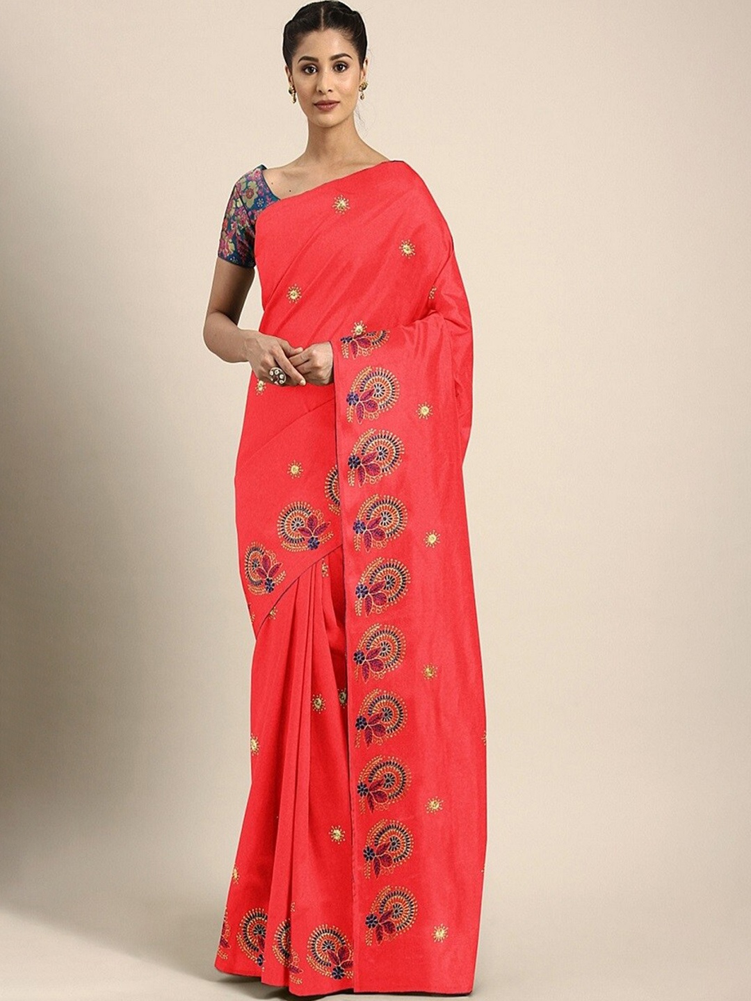 

KALINI Embellished Embroidered Saree, Red