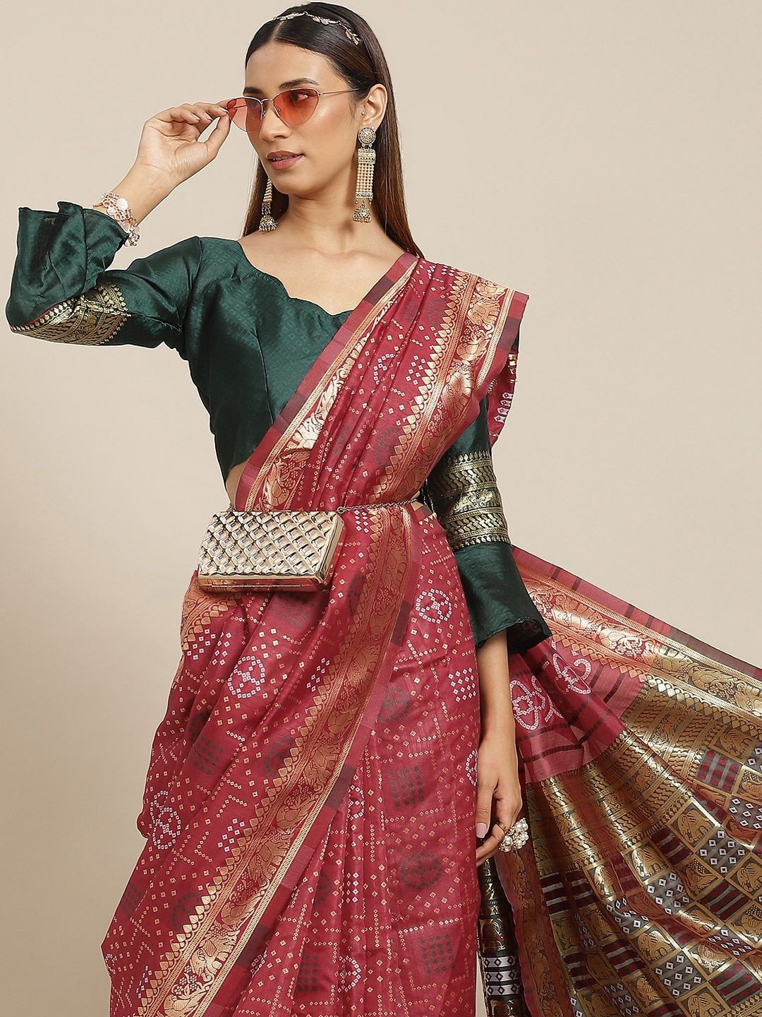 

KALINI Bandhani Zari Banarasi Saree, Maroon