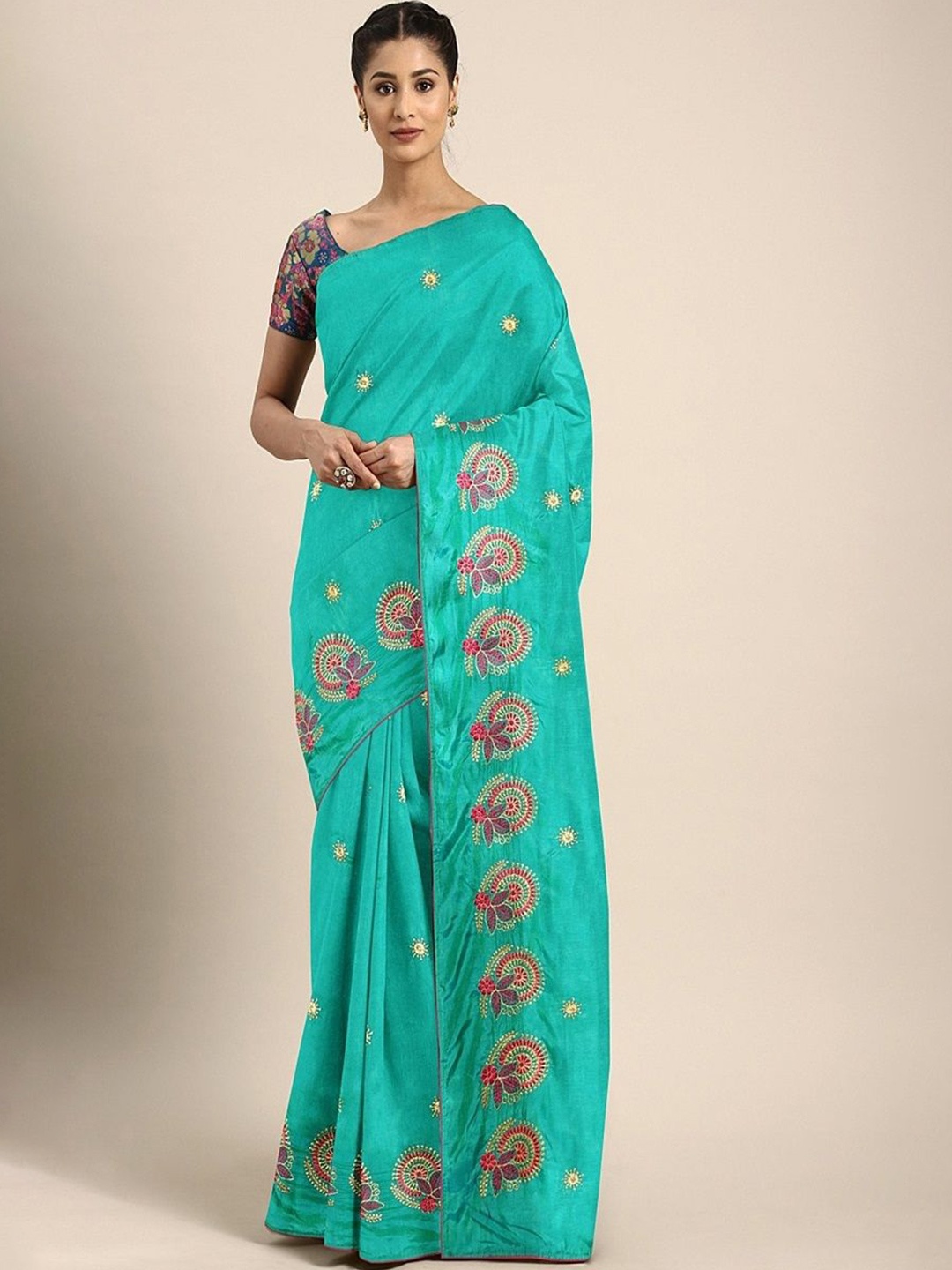 

KALINI Floral Embroidered Saree, Turquoise blue