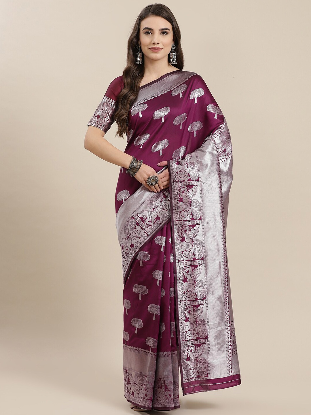 

KALINI Ethnic Motifs Zari Banarasi Saree, Purple