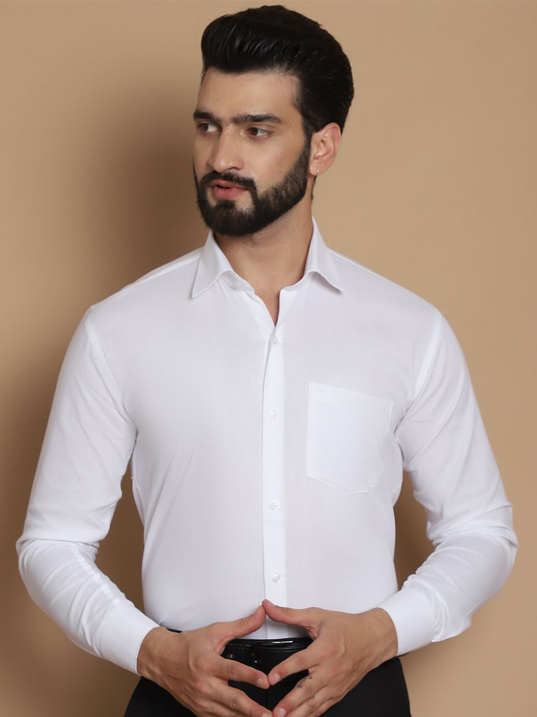 

TAG 7 Straight Fit Spread Collar Long Sleeves Chambray Weave Pure Cotton Formal Shirt, White