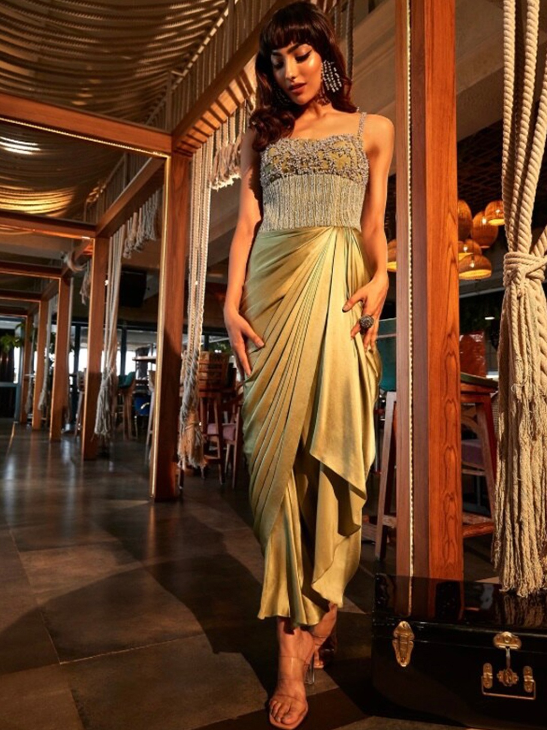 

Babita M Self Design Satin Maxi Corset Dress, Green