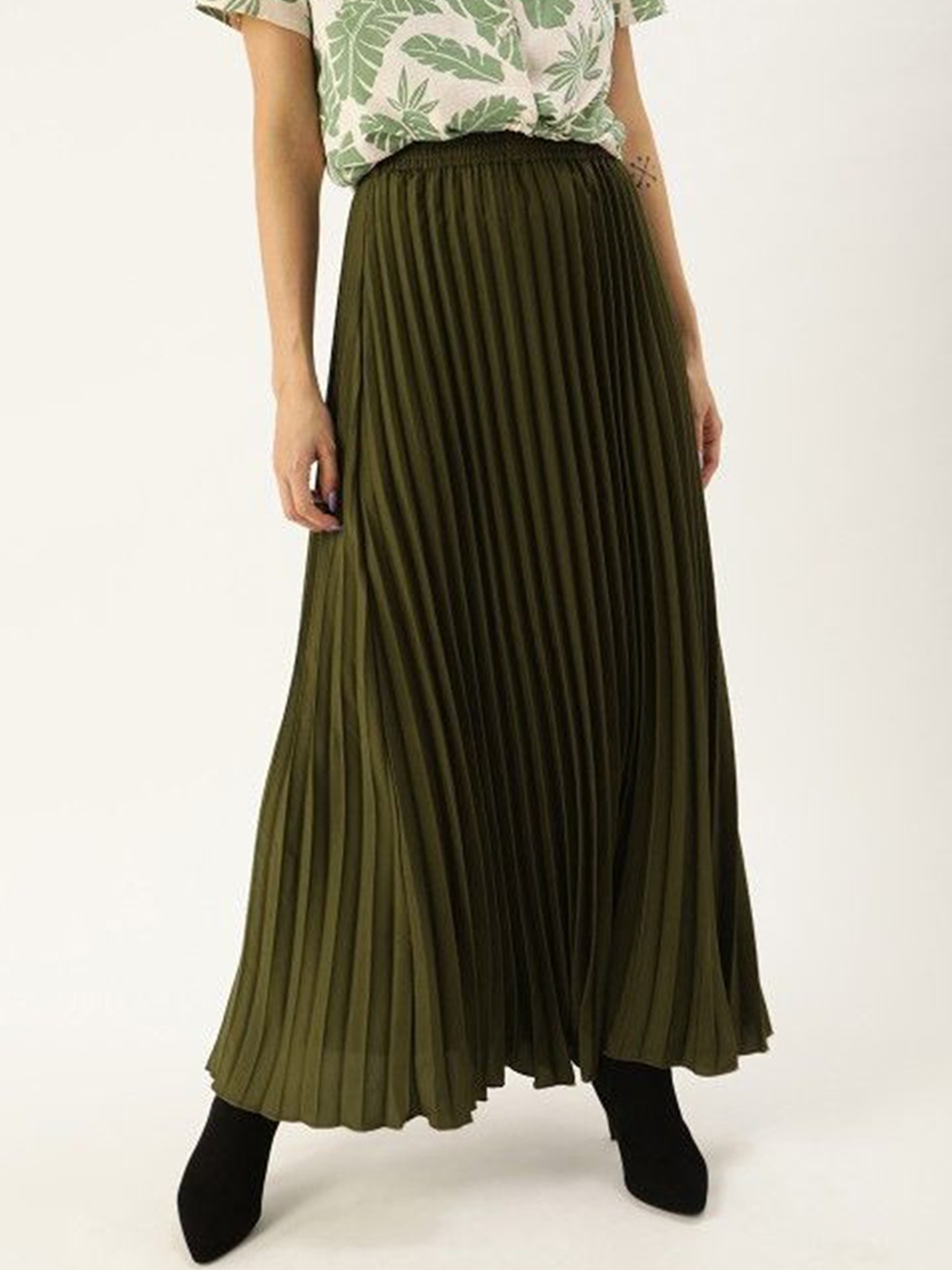 

U&F Pleated Flared Maxi Skirt, Olive