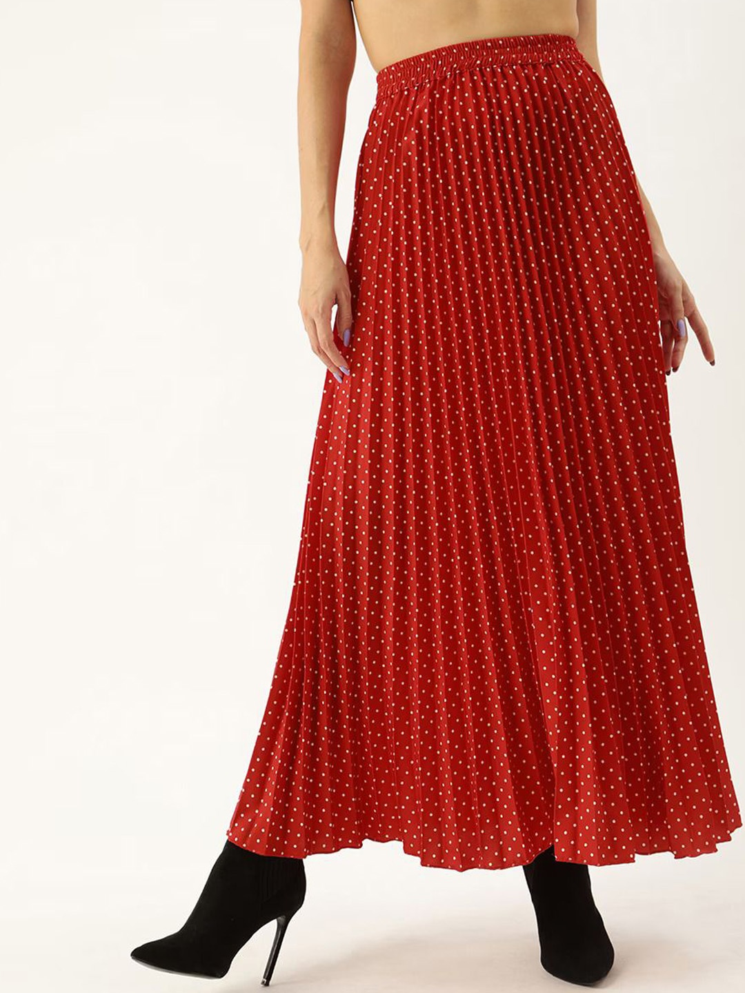 

U&F Women Accordion Pleated Polka Dots Printed Pleated Flared Maxi Skirt, Red