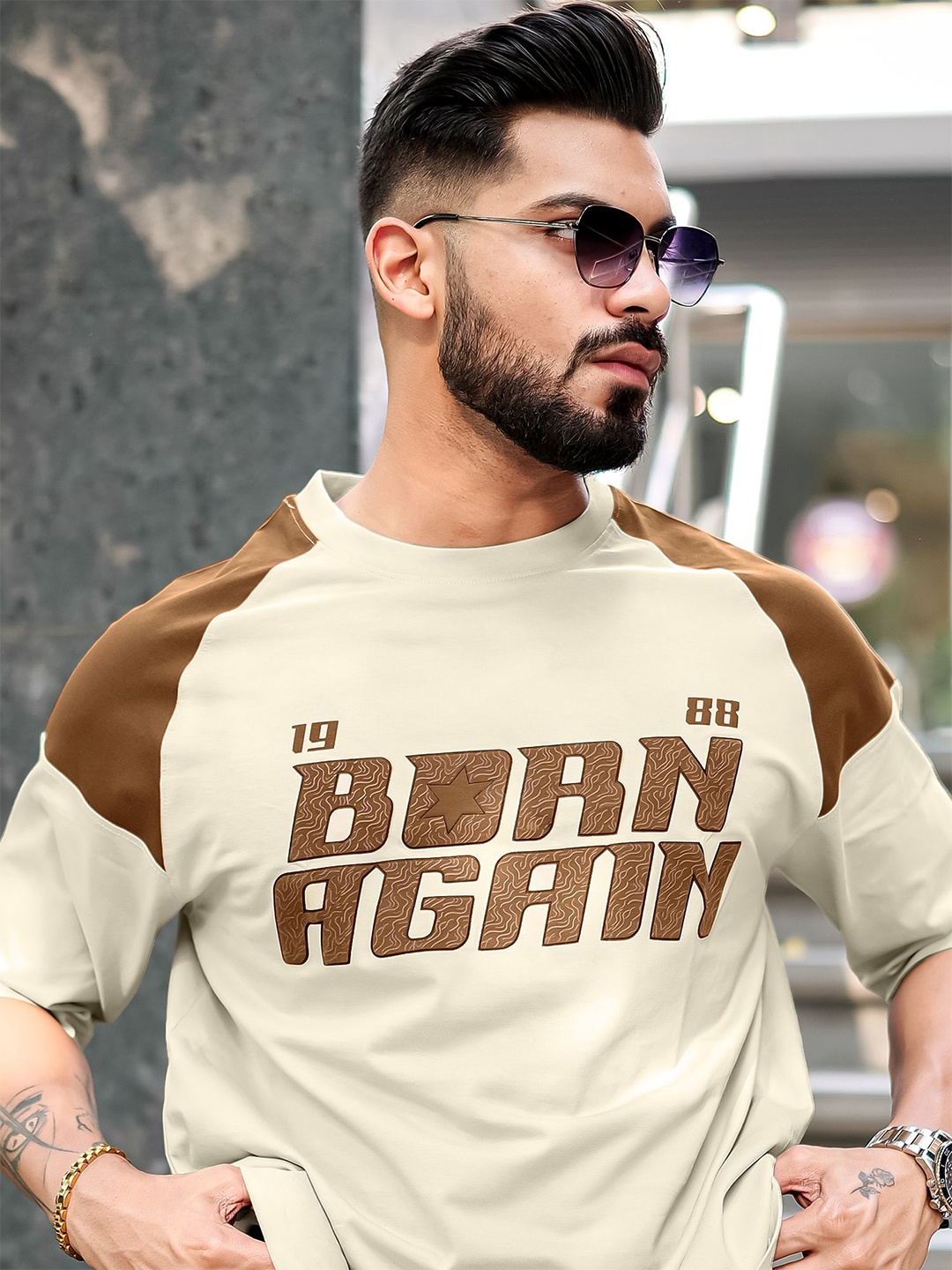 Maniac Typography Printed Round Neck Raglan Half Sleeve Cotton T-Shirt, Beige