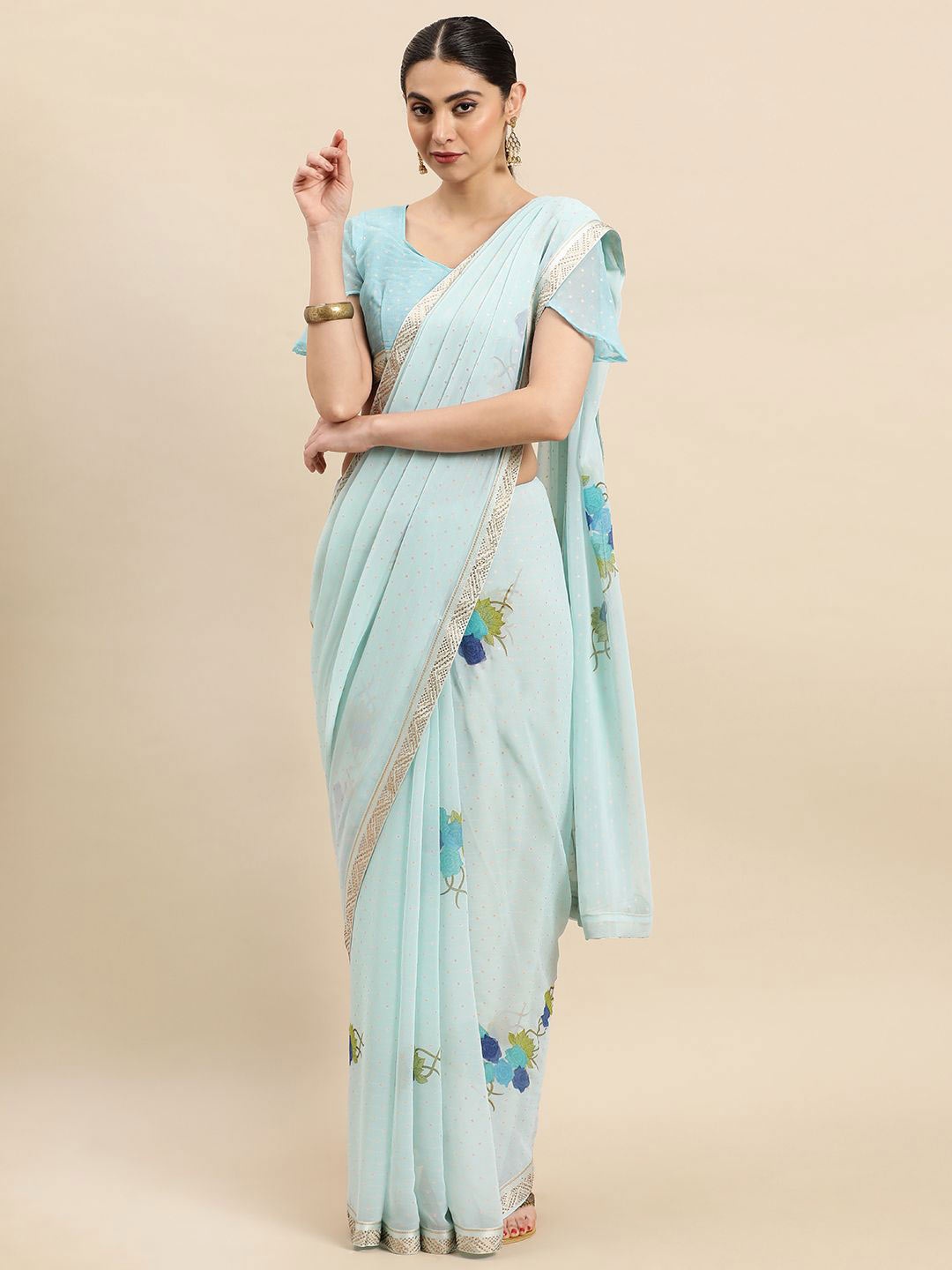 

Ishin Floral Beads and Stones Saree, Turquoise blue