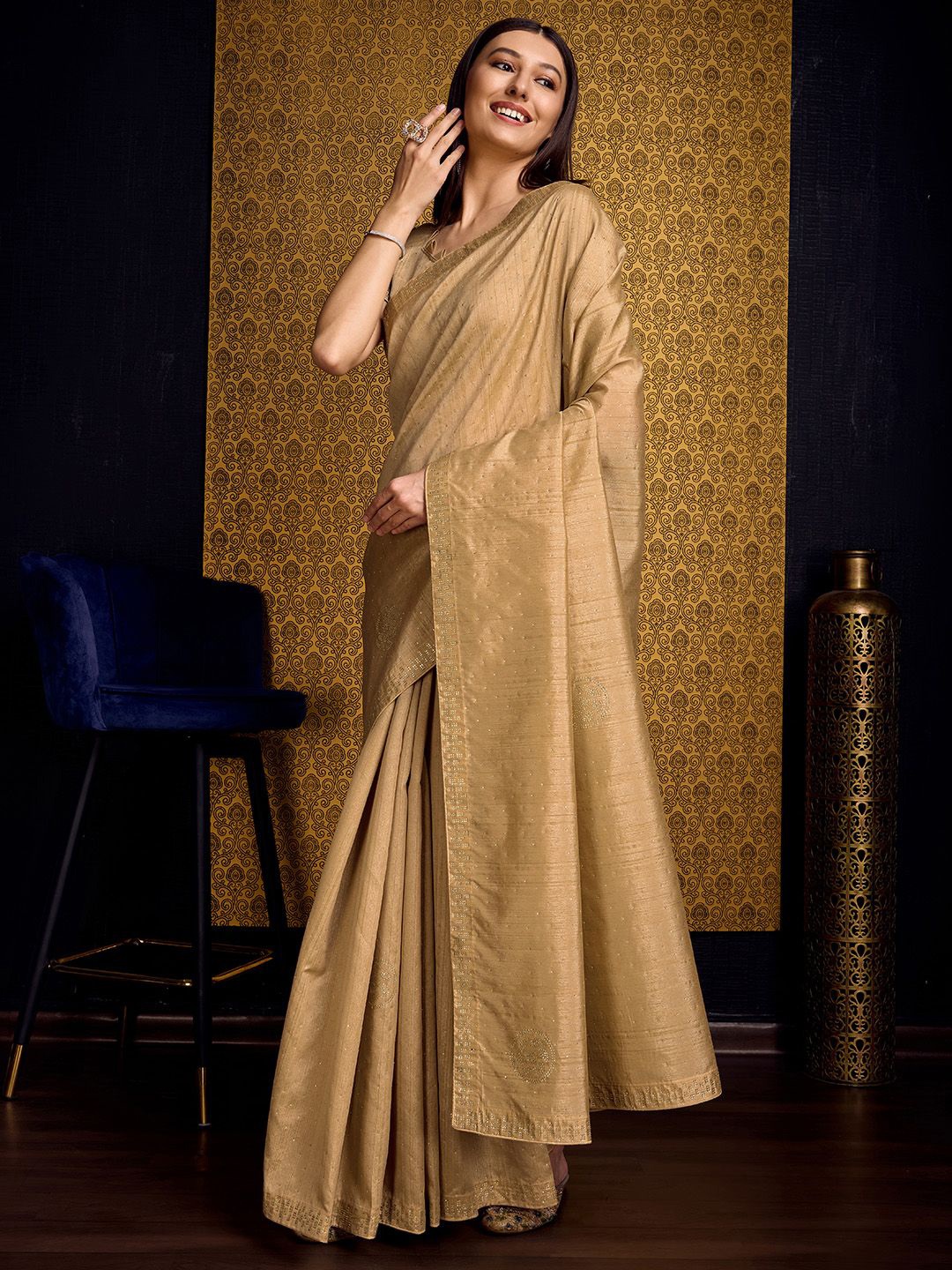 

Ishin Embellished Beads and Stones Tussar Saree, Beige