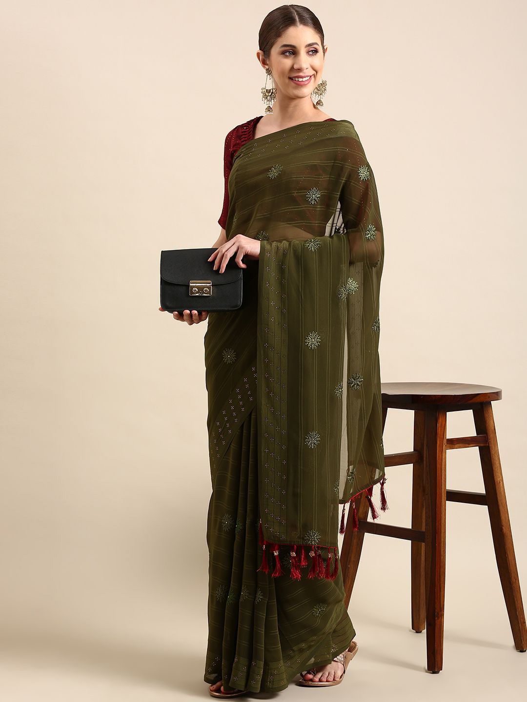 

Ishin Ethnic Motifs Beads and Stones Saree, Olive