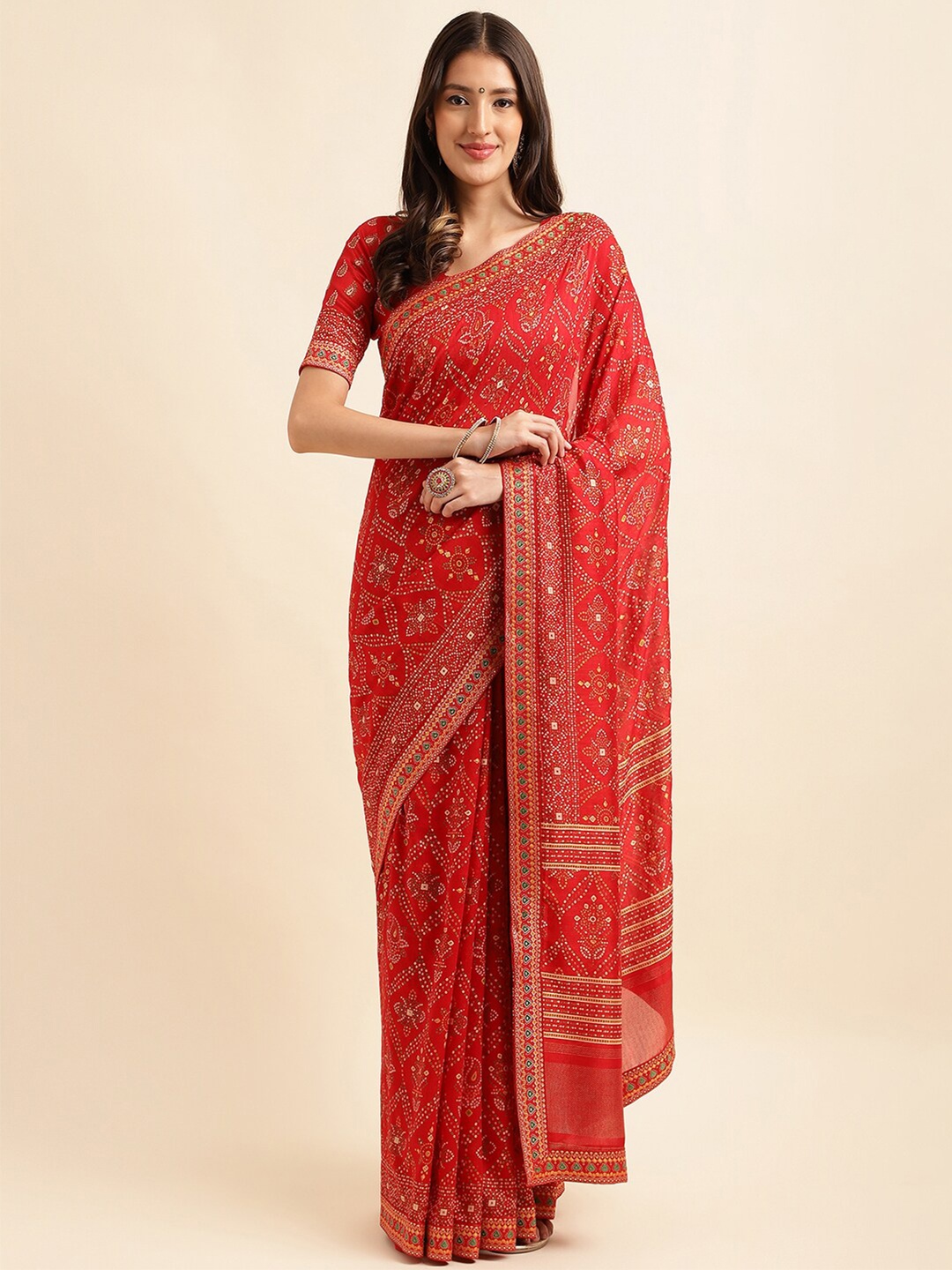

Ishin Bandhani Printed Saree, Red