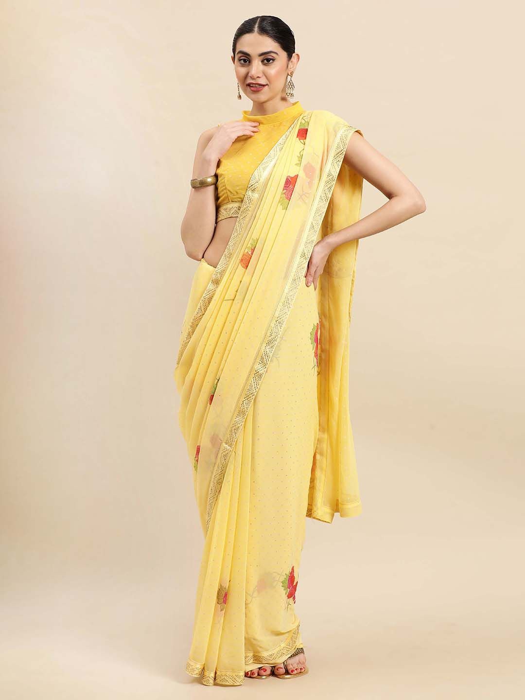 

Ishin Floral Beads and Stones Saree, Yellow