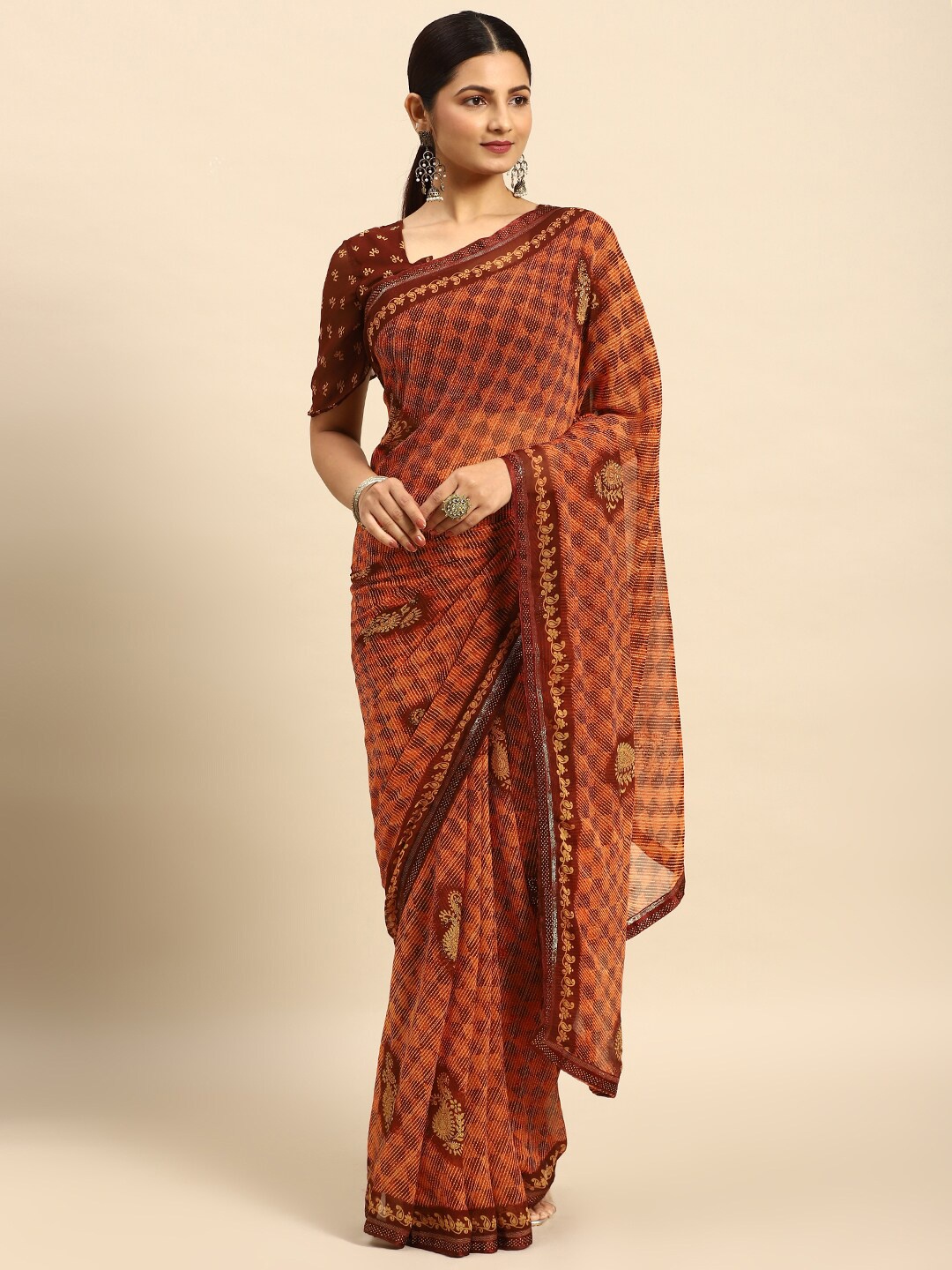 

Ishin Paisley Beads and Stones Saree, Orange