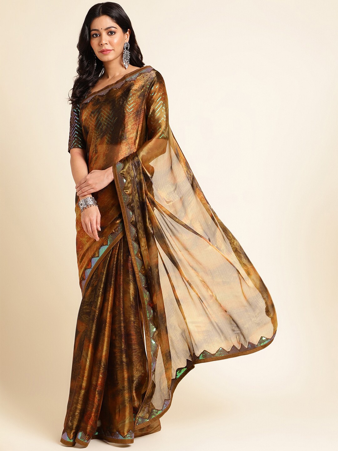 

Ishin Tie and Dye Sequinned Organza Saree, Mustard