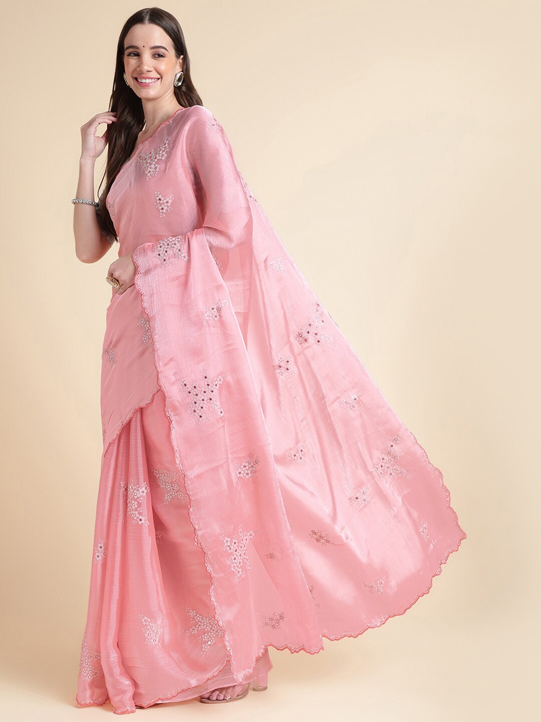 

Ishin Embellished Mirror Work Organza Saree, Pink
