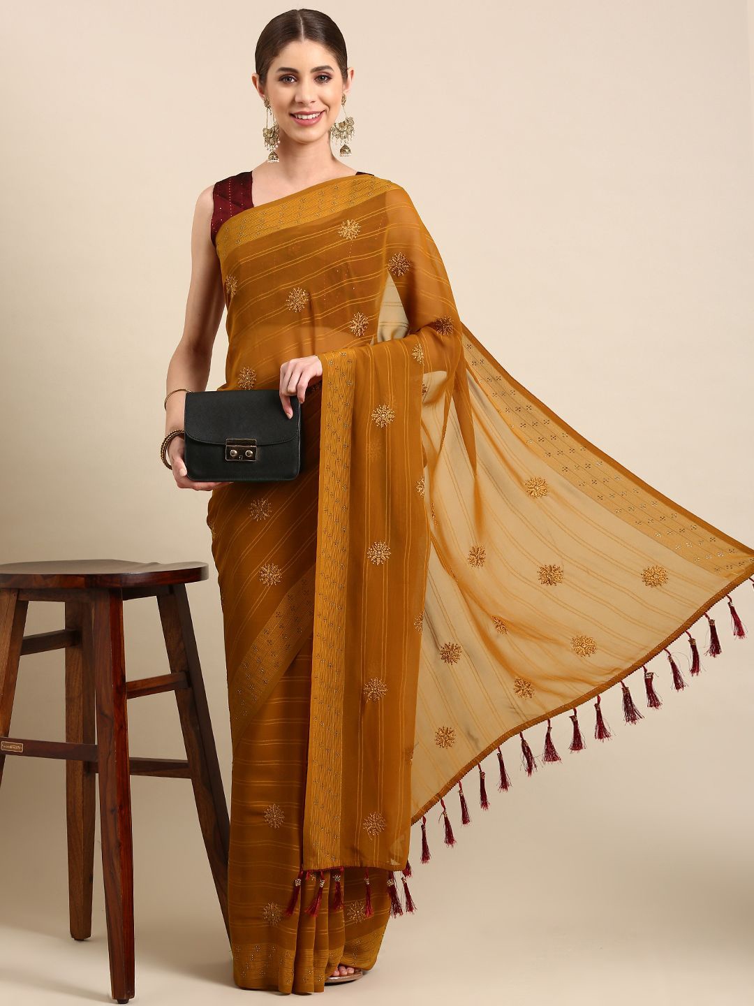 

Ishin Embellished Beads and Stones Saree, Mustard
