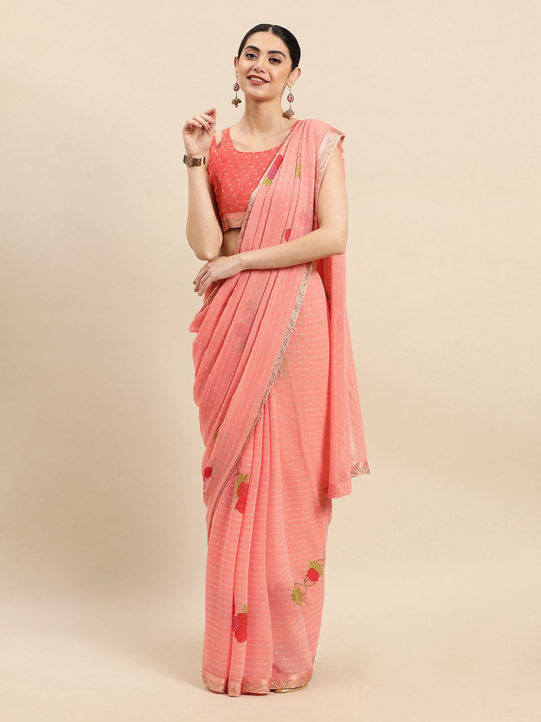 

Ishin Floral Beads and Stones Saree, Pink