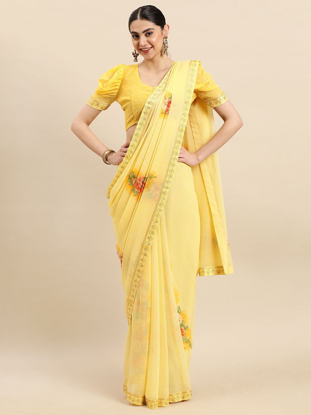 Ishin Floral Beads and Stones Saree, Yellow