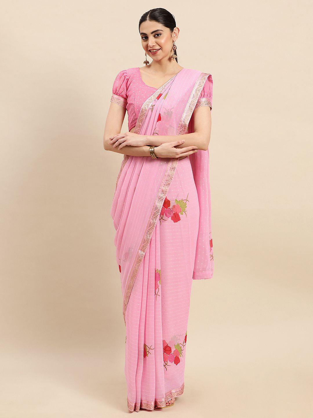 

Ishin Floral Beads and Stones Saree, Pink