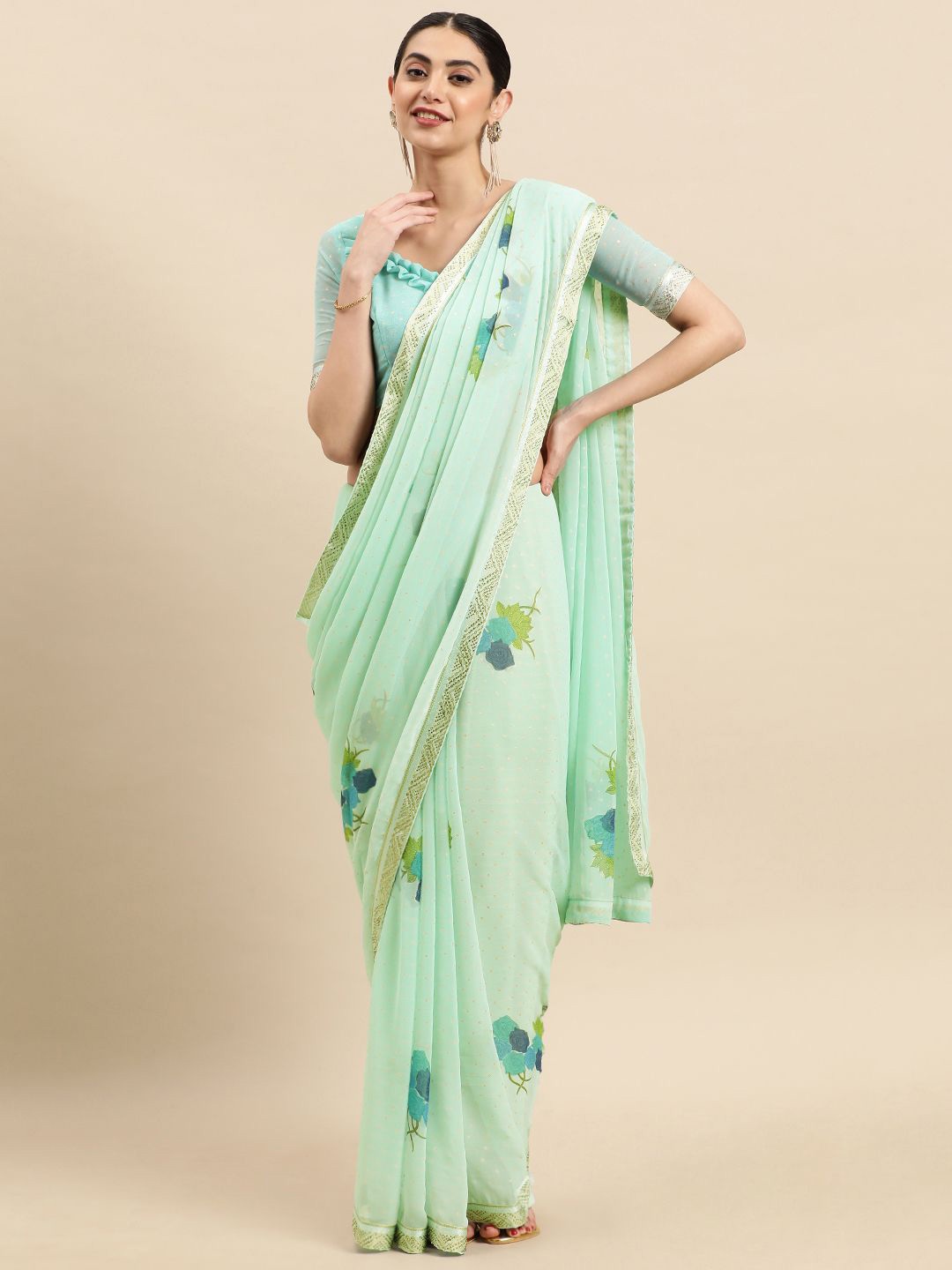

Ishin Floral Beads and Stones Saree, Sea green