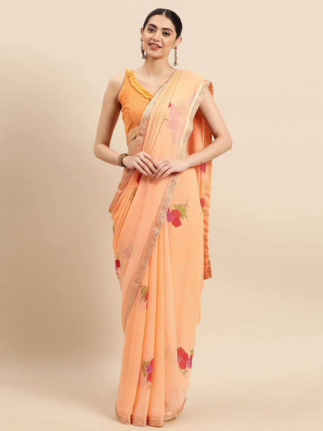 

Ishin Floral Beads and Stones Saree, Peach