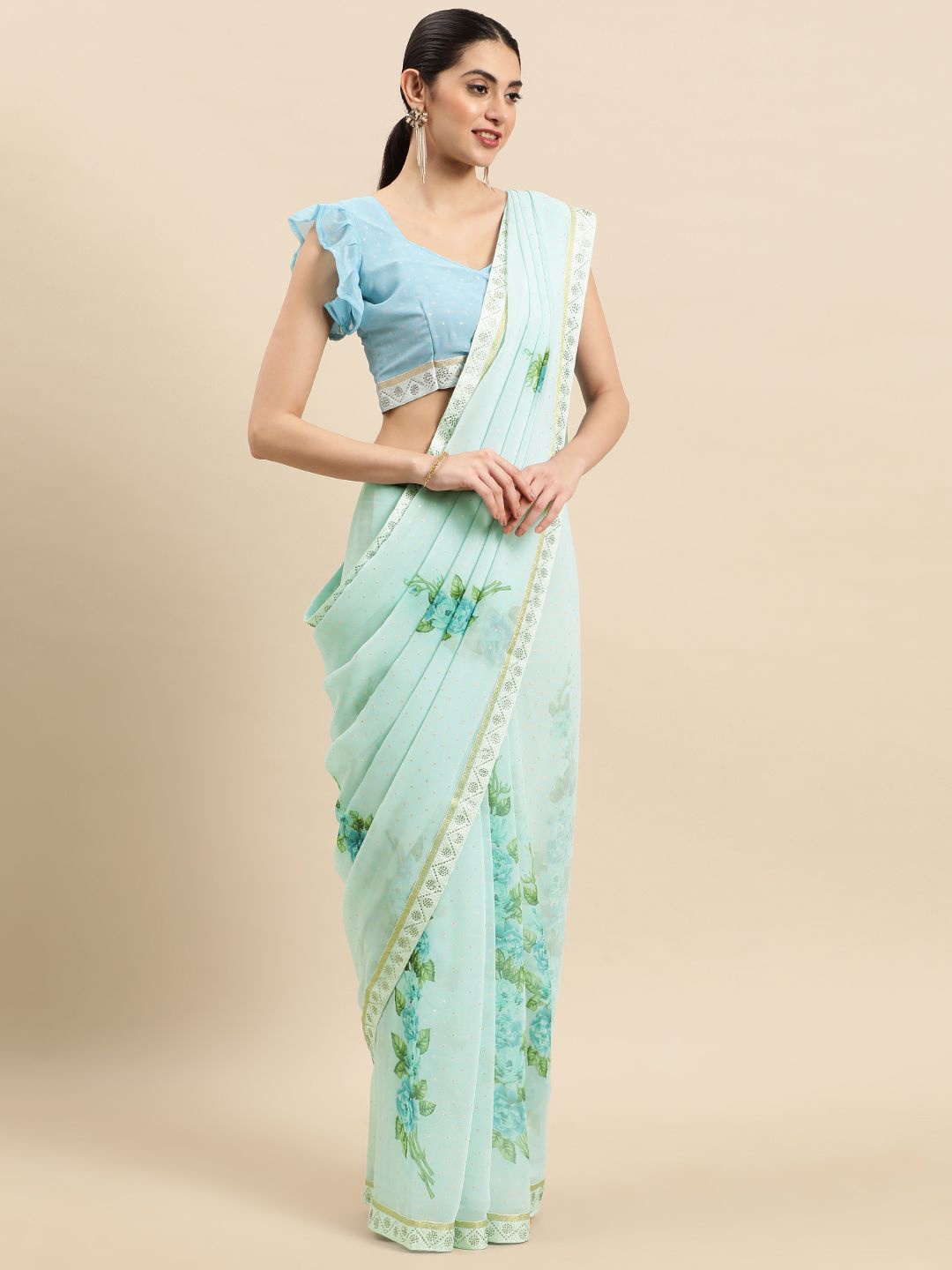 

Ishin Floral Beads and Stones Saree, Turquoise blue