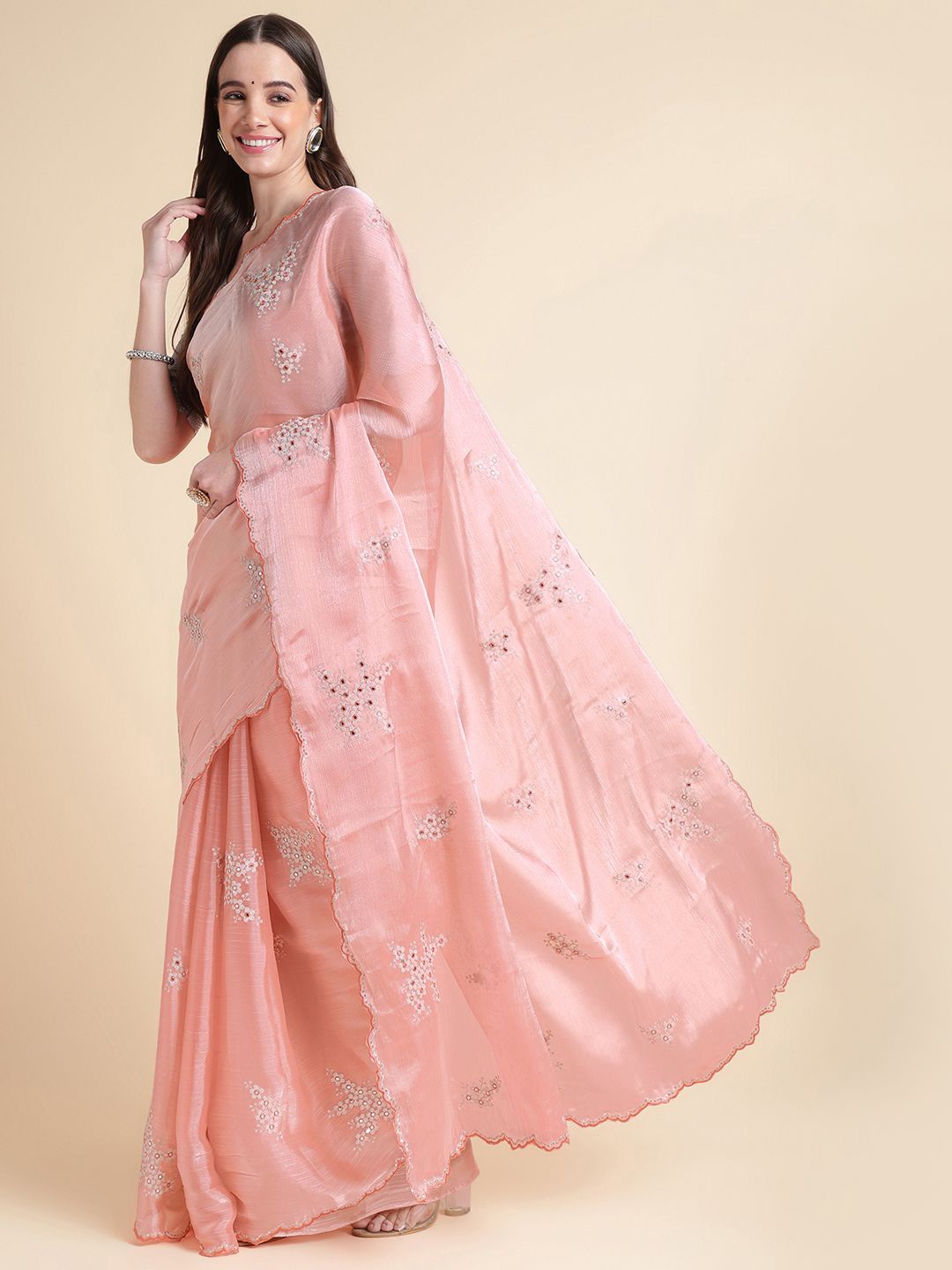 

Ishin Ethnic Motifs Mirror Work Organza Saree, Peach