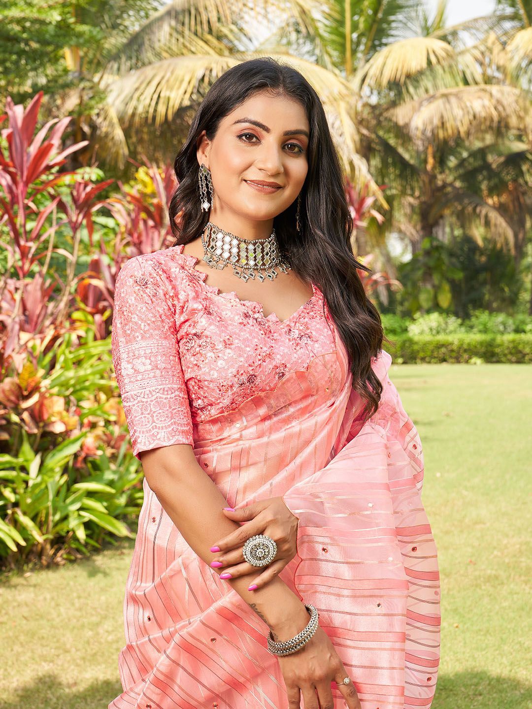 

Ishin Striped Mirror Work Organza Saree, Peach
