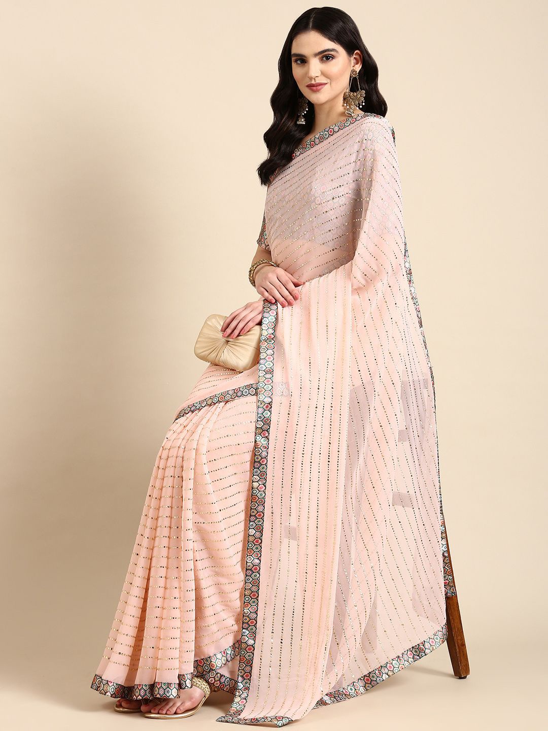 

Ishin Striped Beads and Stones Saree, Peach