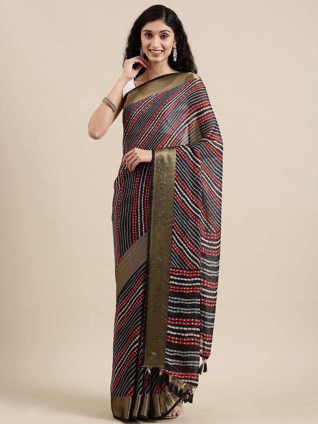 

Ishin Striped Zari Saree, Black