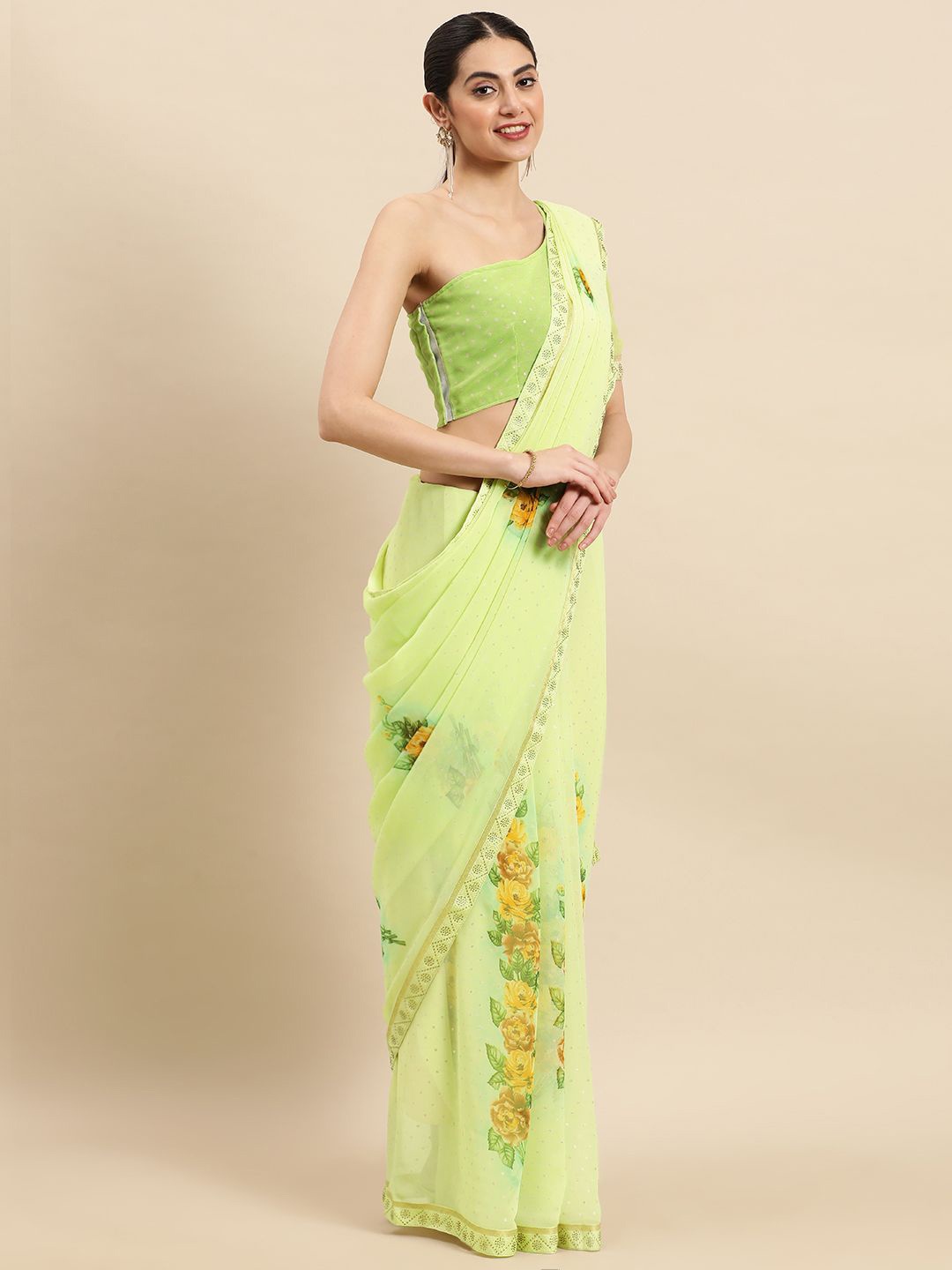 

Ishin Floral Beads and Stones Saree, Lime green