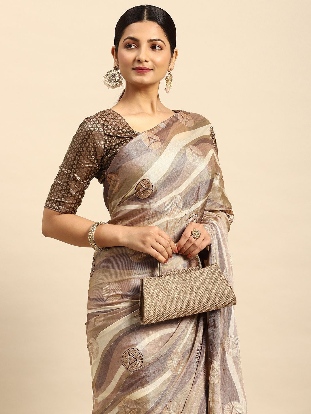 

Ishin Woven Design Embellished Beads and Stones Saree, Beige