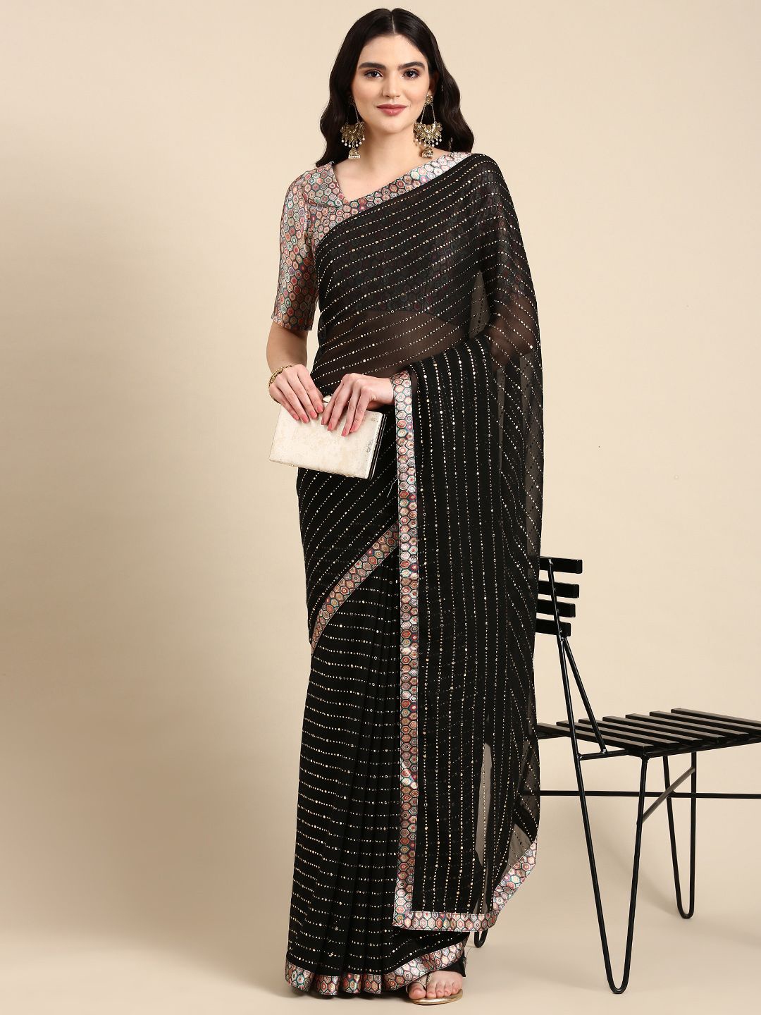 

Ishin Striped Embellished Beads and Stones Saree, Black