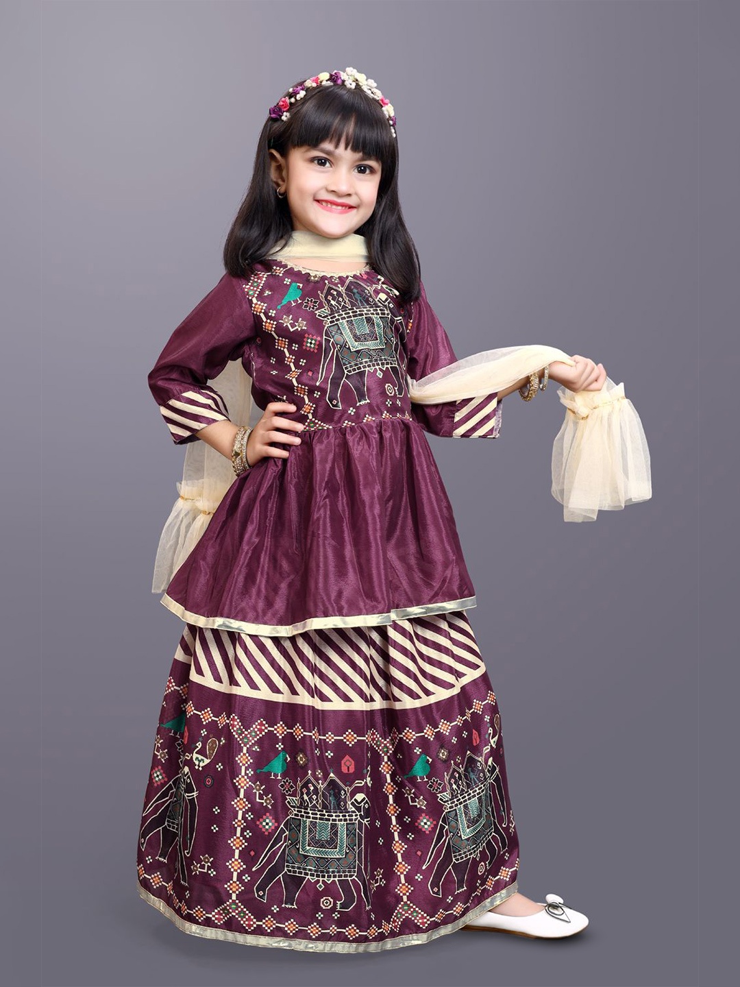 

BAESD Girls Printed Ready to Wear Lehenga & Blouse With Dupatta, Maroon