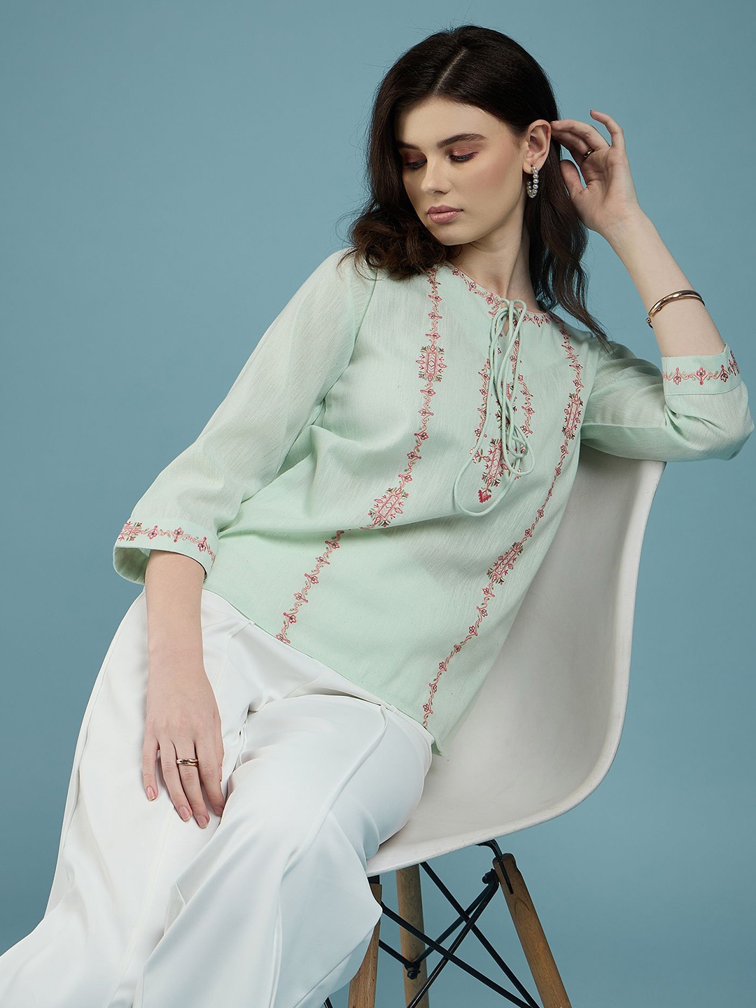 

DressBerry Blue Floral Embroidered Printed Tie-Up Neck Casual Cotton Top